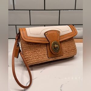 Coach Legacy Y2K Woven Clutch Wristlet Bag Natural Leather Trim Turnlock Coastal